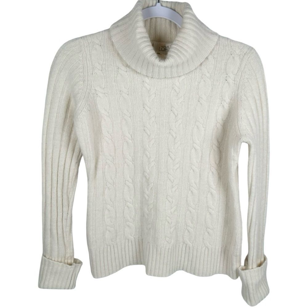 Ann Taylor LOFT Ivory Cable Knit Lambs Wool Rabbit Hair Turtleneck Sweater Large